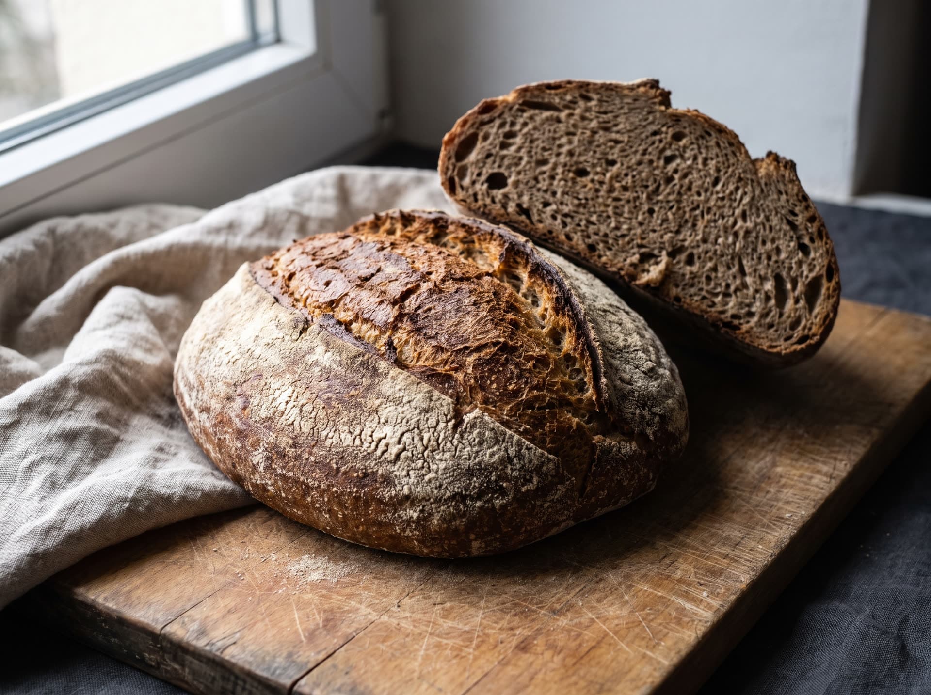 Rundes Roggenmischbrot mit dunkler, bemehlter Kruste, daneben eine aufgeschnittene Hälfte