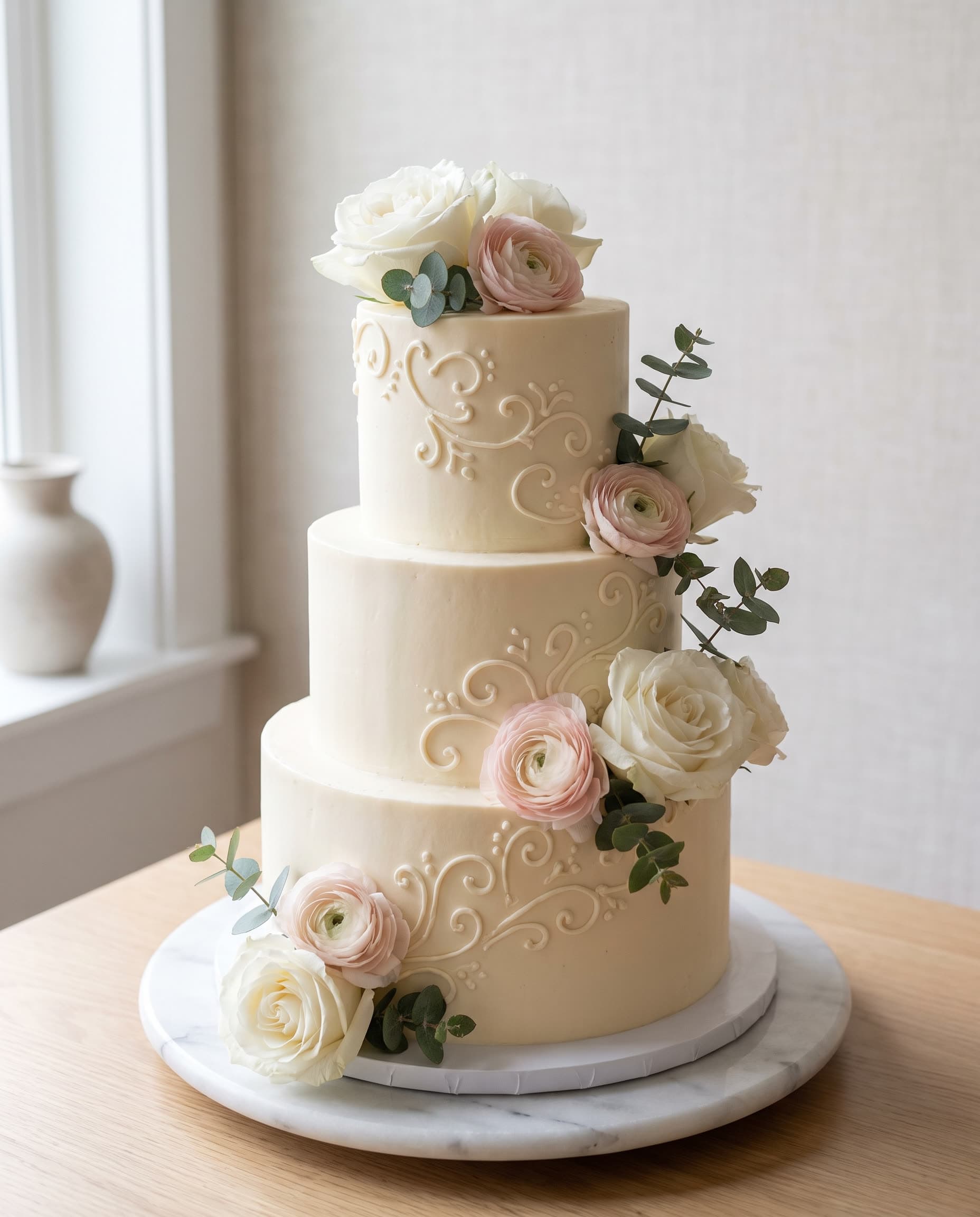 Dreistöckige Hochzeitstorte mit cremefarbener Buttercreme und frischen Blüten