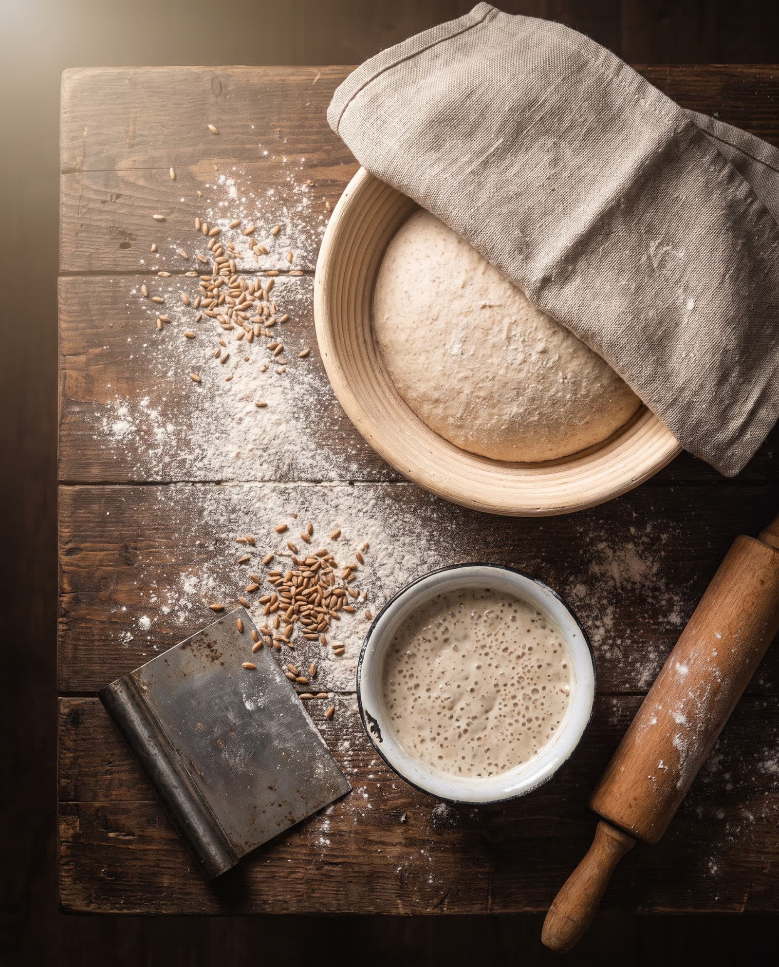 Gärkörbchen, Roggenmehl und ein Glas Sauerteig auf dunklem Holz