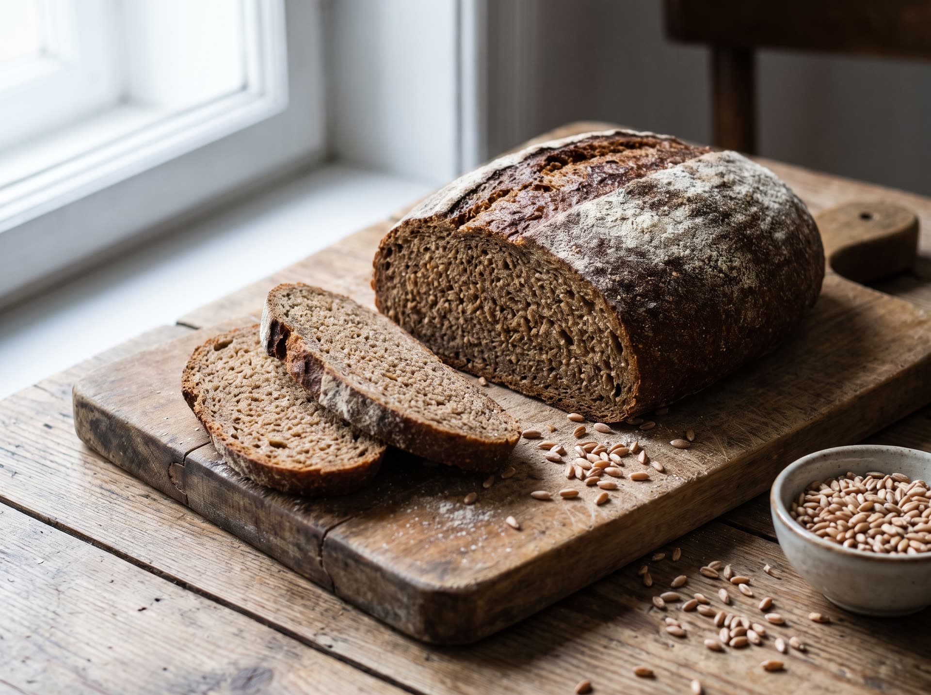 Ovales Dinkelvollkornbrot mit zwei abgeschnittenen Scheiben auf einem Holzbrett