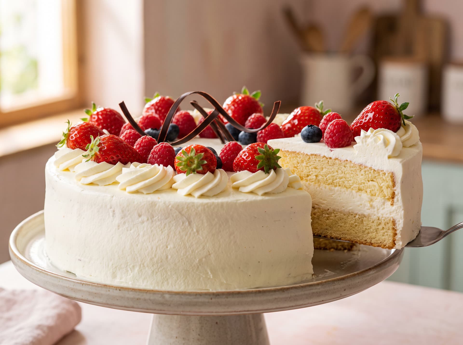 Sahnetorte mit frischen Beeren und Schokoladenspänen auf einer Tortenplatte