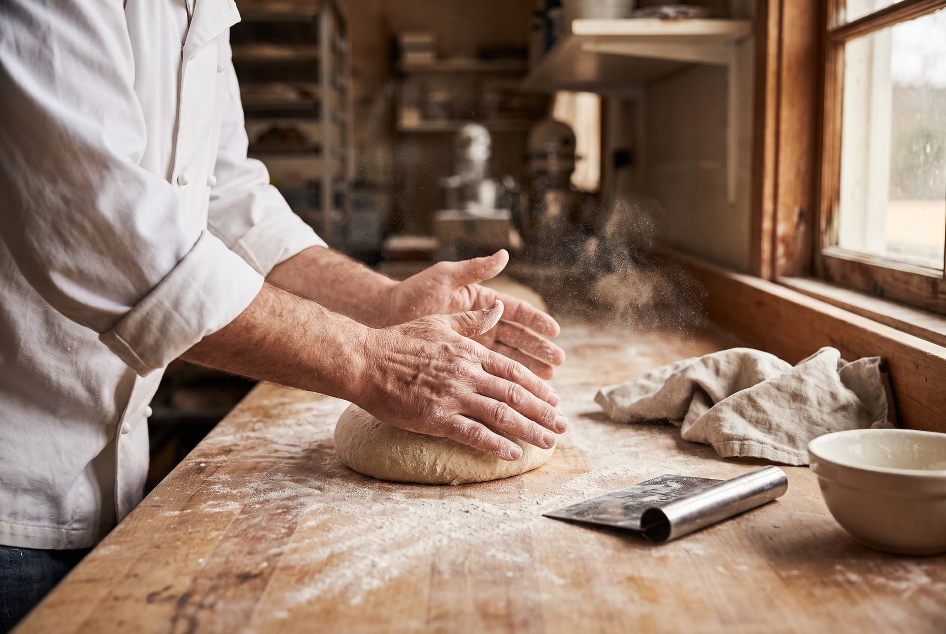 Bemehlte Bäckerhände formen einen Teigling auf einem Holztisch