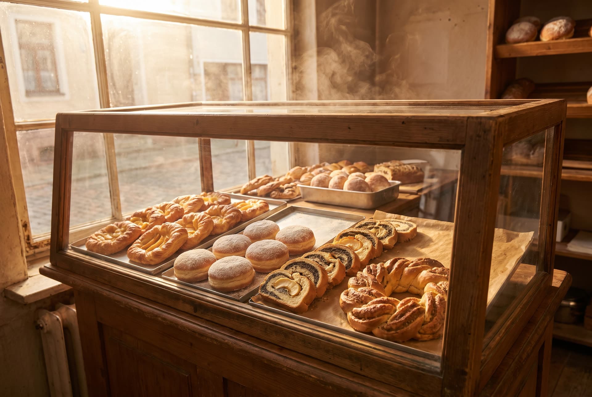 Bäckereitheke mit Plunderstücken, Pfannkuchen und Mohnkuchen im Morgenlicht
